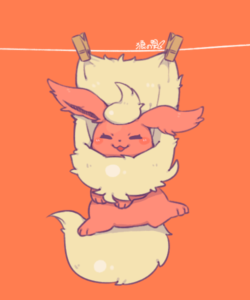 ambiguous_gender blush chibi clothes_pin cute eeveelution eyes_closed feral flareon fur lovewolf5122 neck_tuft nintendo nude orange_background pok&eacute;mon pok&eacute;mon_(species) red_fur simple_background smile solo suspension tuft video_games