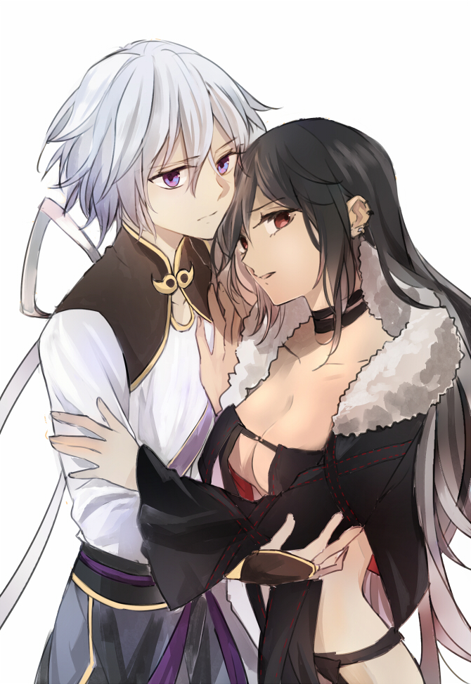 1boy 1girl black_choker black_dress black_hair black_jacket breasts chinese_clothes choker cleavage closed_mouth collarbone consort_yu_(fate) dress earrings eyebrows_visible_through_hair fate/grand_order fate_(series) fur-trimmed_jacket fur_trim gao_changgong_(fate) hair_between_eyes hand_on_another's_arm hand_on_another's_chest hand_on_another's_arm hand_on_another's_chest hug jacket jewelry long_hair looking_at_viewer medium_breasts purple_eyes red_eyes simple_background tsengyun white_background white_hair