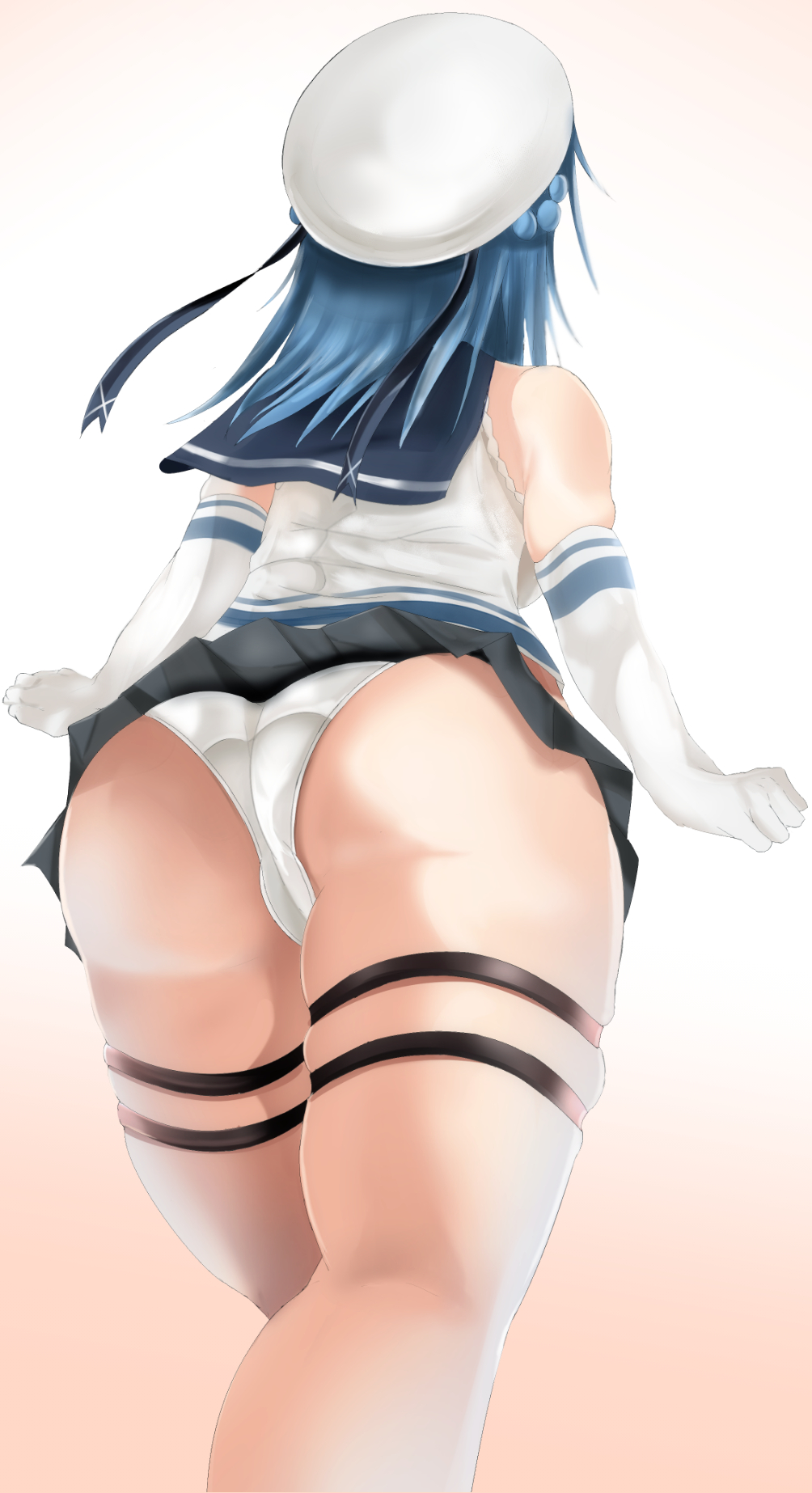alicemagic ass bare_shoulders blue_hair blue_skirt breasts double_bun elbow_gloves from_behind gloves highres kantai_collection large_breasts long_hair panties pleated_skirt sailor_collar simple_background skindentation skirt solo thigh_strap underwear urakaze_(kantai_collection) walking white_background white_gloves white_hair white_panties