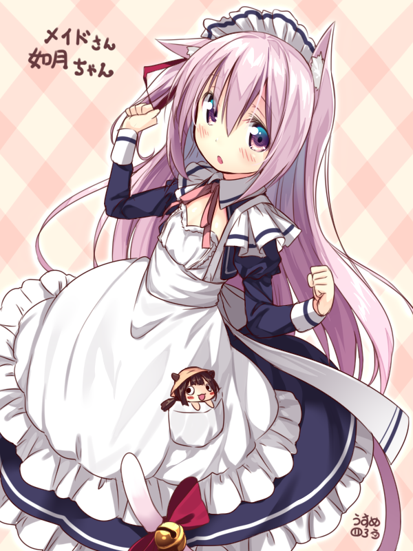 alternate_costume animal_ear_fluff animal_ears apron azur_lane bell black_dress blush bow cat_ears cat_girl cat_tail commentary_request dress enmaided flat_chest frilled_apron frills hair_ribbon hands_up jingle_bell juliet_sleeves kisaragi_(azur_lane) long_hair long_sleeves looking_at_viewer maid maid_headdress mutsuki_(azur_lane) mutsuki_face neck_ribbon one_side_up parted_lips pink_hair plaid plaid_background puffy_sleeves red_bow red_ribbon ribbon solo tail tail_bell tail_bow translation_request usume_shirou very_long_hair white_apron