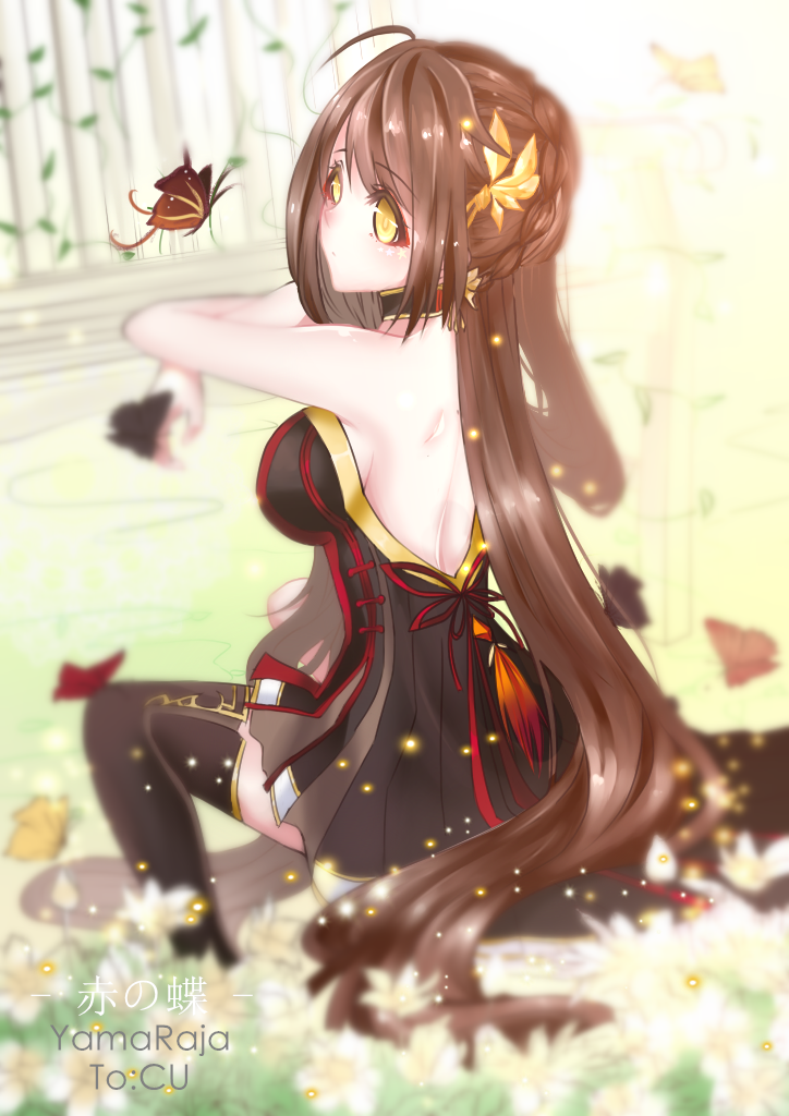 2200659903_rika ara_han back bare_shoulders blurry blurry_background braid bug butterfly elsword eyebrows_visible_through_hair floral_background insect long_hair looking_back sitting thighhighs yama_raja_(elsword)