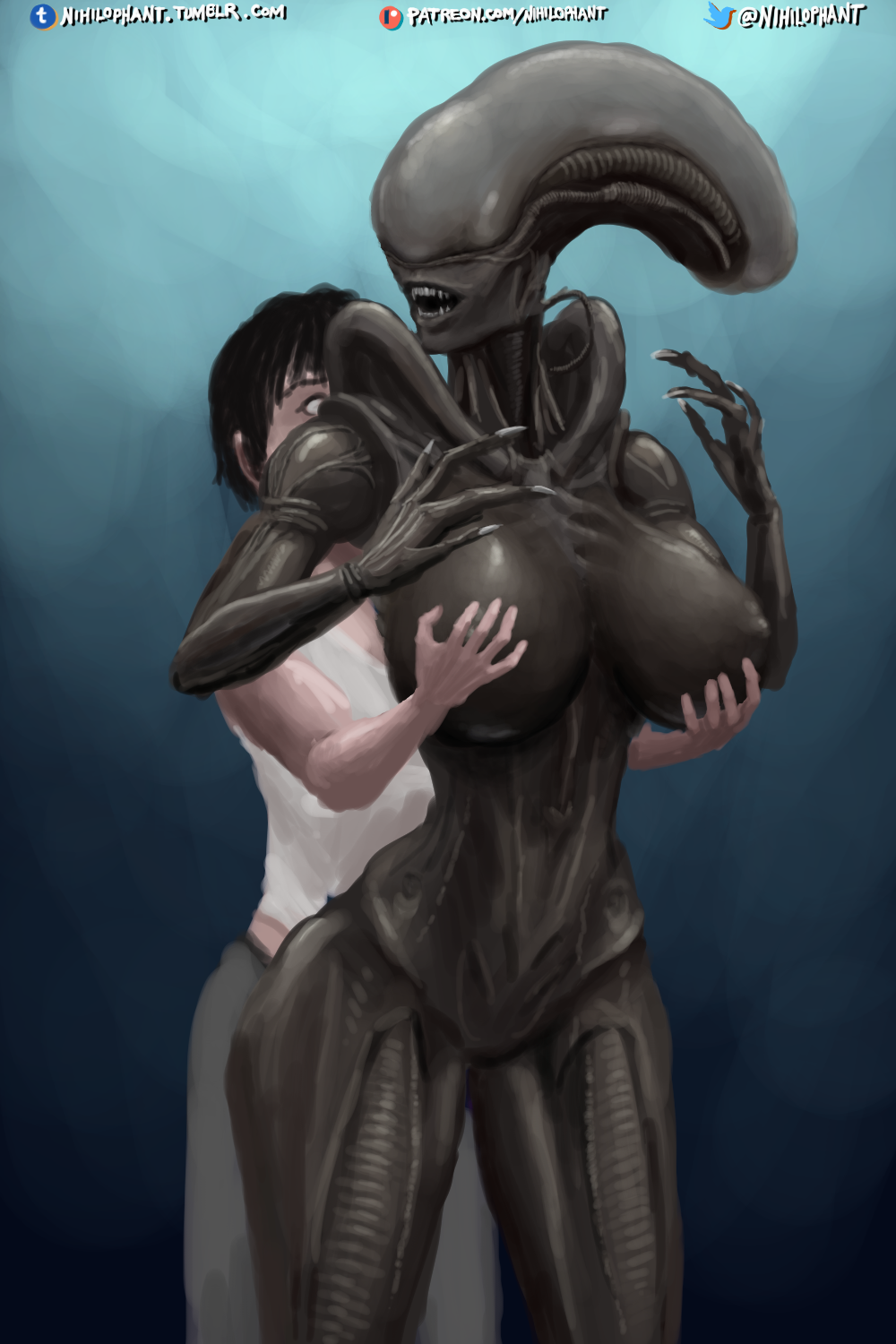 2018 abs alien alien_(franchise) alien_girl alternate_version_at_source belly big_breasts big_butt big_female black_skin breast_grab breasts butt claws dangerous duo enjoying eyeless fangs female female/female hand_on_breast human human/alien human_on_alien human_on_humanoid humanoid larger_female lifted_arm lips macro mammal monster monster_girl_(genre) muscular nails nihilophant not_furry pussy seductive sharp_teeth size_difference smile standing surprise surprised_look tall teeth wide_hips xenomorph