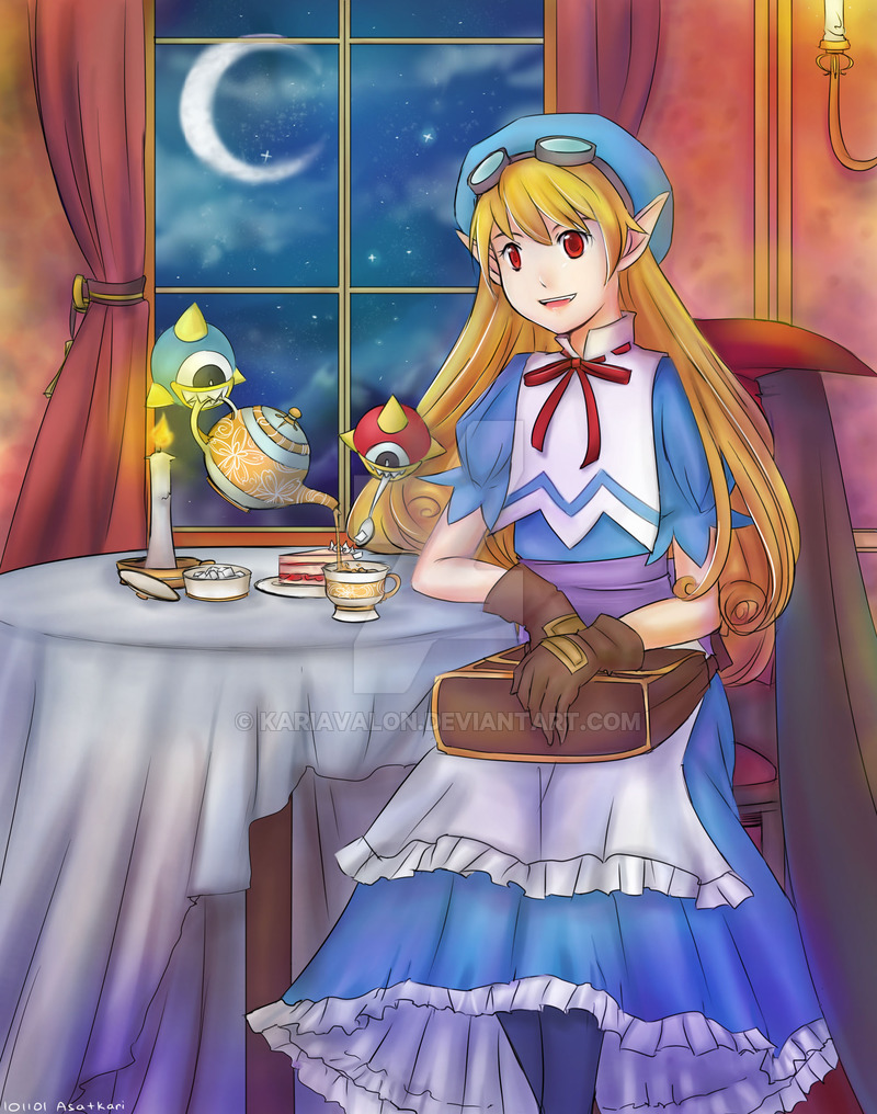 1girl apron bag blonde_hair blue_hat bow cake candle cape chair cloud curly_hair dress food gloves goggles goggles_on_head hat kari_avalon long_hair marivel_armitage moon pointy_ears red_eyes ribbon smile table tea wild_arms wild_arms_2