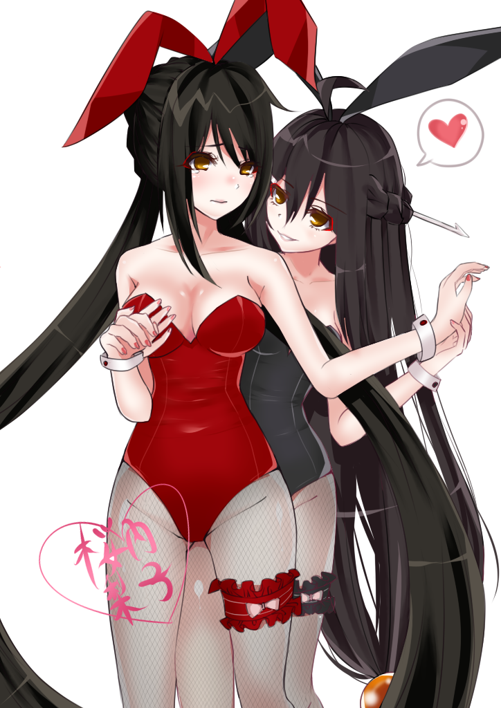 2girls animal_costume ara_han bare_shoulders breast_hold breasts bunny_costume bunny_hair_ornament bunnysuit collarbone elsword eyebrows_visible_through_hair frown hair_ornament heart leg_between_thighs long_hair multiple_girls sakra_devanam_(elsword) smile tears yama_raja_(elsword) yuri