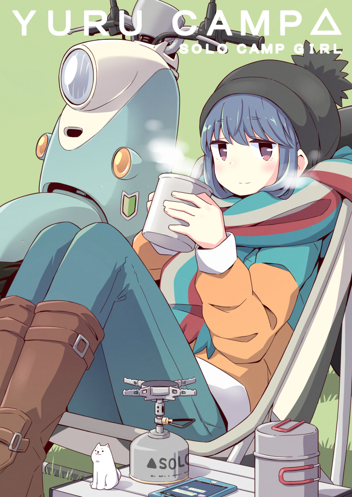 aqua_pants beanie black_hat blue_hair blush boots brown_footwear cellphone chair closed_mouth coat copyright_name english eyebrows_visible_through_hair figure from_side grey_background ground_vehicle hat holding long_sleeves motor_vehicle pants phone purple_eyes scarf scooter shima_rin shoshinsha_mark sitting smartphone smile solo steam striped striped_scarf vincent_(hiyakuen) yurucamp