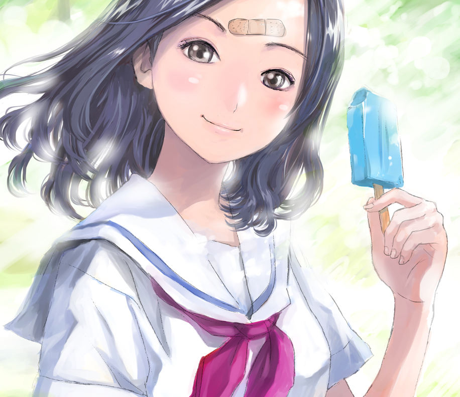 bandaid bandaid_on_forehead black_eyes black_hair blush food ice_cream looking_at_viewer medium_hair non_(6nezuuyamar9) original outdoors popsicle portrait school_uniform serafuku