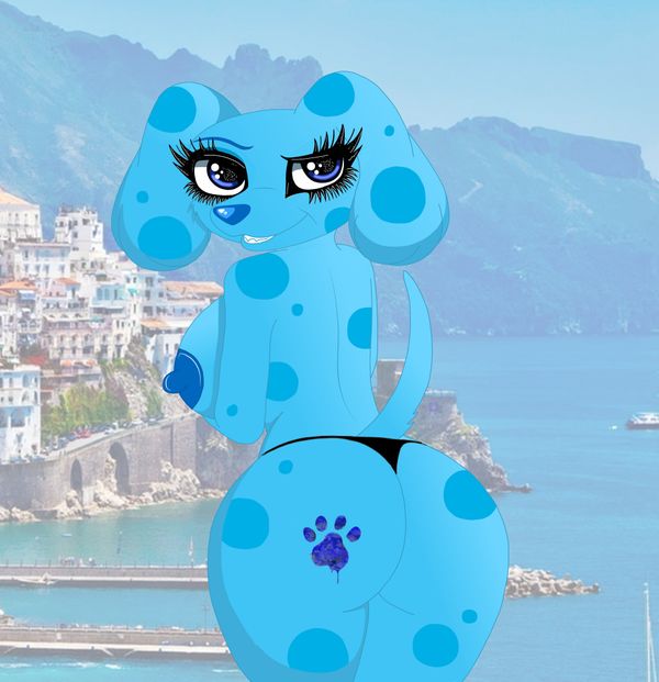 anthro big_breasts blue's_clues blue_(blue's_clues) blue_eyes blue_fur breasts canine clothing cocaine-leopard digital_media_(artwork) eyelashes female fur long_eyelashes lucedo mammal nickelodeon panties pawprint smile solo spots thick_thighs thong underwear