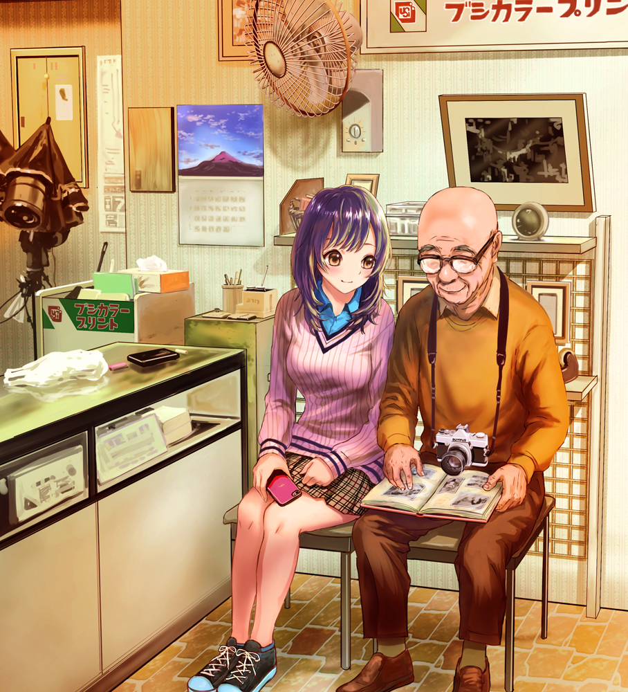 1girl age_difference bald black_footwear black_hair book box brown_eyes brown_footwear brown_pants calendar_(object) camera cellphone chair commentary_request display_case fan glasses indoors non_(6nezuuyamar9) old_man open_book original painting_(object) pants pencil phone photo_album plaid plaid_skirt ribbed_sweater shelf shoes sitting skirt smile sneakers sweater
