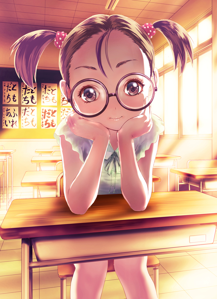 brown_eyes brown_hair ceiling chalkboard child classroom desk elbows_on_table forehead glasses indoors looking_at_viewer non_(6nezuuyamar9) original school school_desk short_twintails sitting solo twintails