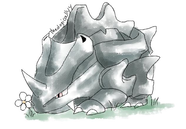 2015 2_toes ambiguous_gender artsy-theo claws digital_drawing_(artwork) digital_media_(artwork) earhole fangs feral flower frown full-length_portrait grass grey_body grey_horn hole_(anatomy) horn mammal nintendo plant pok&eacute;mon pok&eacute;mon_(species) portrait quadruped red_eyes rhyhorn scalie signature simple_background snout solo spikes standing style_parody toe_claws toes toony video_games white_background white_claws