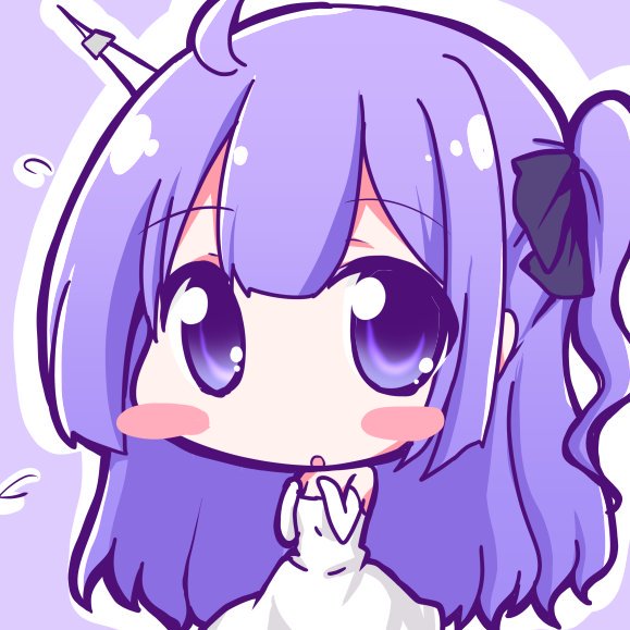 :o ahoge azur_lane bangs bare_shoulders big_head black_ribbon blush_stickers chibi commentary_request dress elbow_gloves eyebrows_visible_through_hair geo_(yukishitadou) gloves hair_between_eyes hair_ribbon long_hair looking_at_viewer one_side_up outline parted_lips purple_background purple_eyes purple_hair ribbon solo strapless strapless_dress unicorn_(azur_lane) very_long_hair white_dress white_gloves white_outline