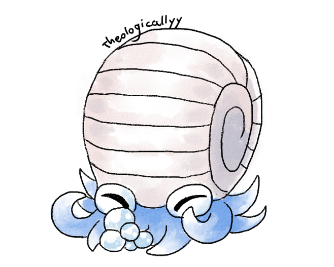 2015 ambiguous_gender artsy-theo blowing_bubbles blue_body blue_tentacles bubble cephalopod digital_drawing_(artwork) digital_media_(artwork) eyes_closed feral front_view full-length_portrait happy marine nintendo omanyte pok&eacute;mon pok&eacute;mon_(species) portrait shell signature simple_background solo style_parody tentacles toony video_games white_background white_shell