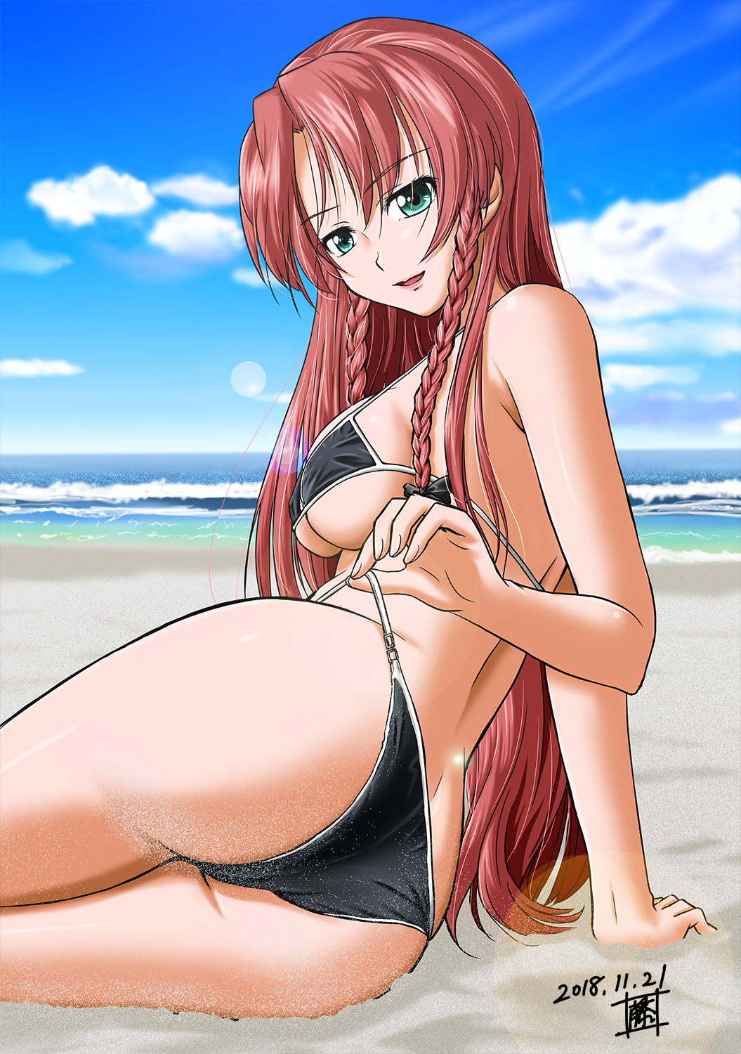 ass beach bikini black_bikini blue_eyes braid breasts cloud commentary_request dated day eyebrows_visible_through_hair graphite_(medium) hair_between_eyes highres hong_meiling large_breasts long_hair looking_at_viewer mechanical_pencil ocean pencil red_hair sand sand_on_skin shino-puchihebi side_braids signature sitting smile swimsuit touhou traditional_media underboob very_long_hair