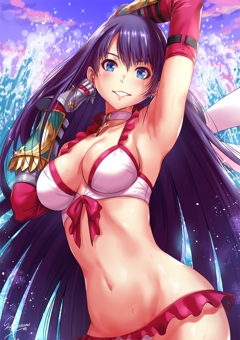 arm_up armpits bangs bikini blue_eyes blue_sky blurry blurry_background blush breasts choker cleavage cloud collarbone commentary_request cowboy_shot cross cross_choker earrings elbow_gloves fate/grand_order fate_(series) frilled_bikini frills gauntlets gloves grin groin hand_in_hair highres hips jewelry large_breasts long_hair looking_at_viewer navel purple_hair red_gloves saint_martha saint_martha_(swimsuit_ruler)_(fate) sakiyamama skindentation sky smile solo sparkle splashing stomach swimsuit water water_drop waves wet white_bikini