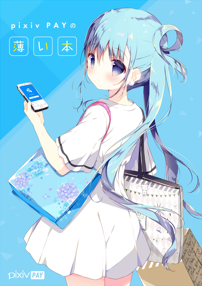 bag bangs blue blue_background blue_eyes blue_hair blue_nails blush cellphone closed_mouth commentary_request dress earrings eyebrows_visible_through_hair fingernails hair_between_eyes holding holding_bag holding_cellphone holding_phone jewelry long_hair looking_at_viewer looking_back nail_polish original phone pixiv pixiv-tan shiratama_(shiratamaco) shopping_bag short_sleeves sidelocks solo twintails two-tone_background very_long_hair white_dress