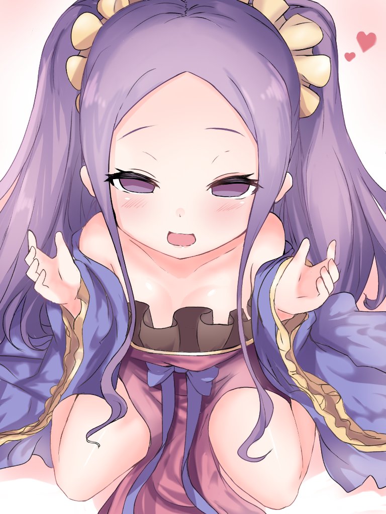 :d bare_shoulders blush breasts breasts_apart chinese_clothes collarbone commentary_request eyelashes fate/grand_order fate_(series) forehead half-closed_eyes hands_up hanfu heart long_hair long_sleeves looking_at_viewer open_mouth purple_eyes purple_hair raised_eyebrows shawl sitting small_breasts smile solo twintails very_long_hair wariza wide_sleeves wu_zetian_(fate/grand_order) yinpa_(wanone500511)