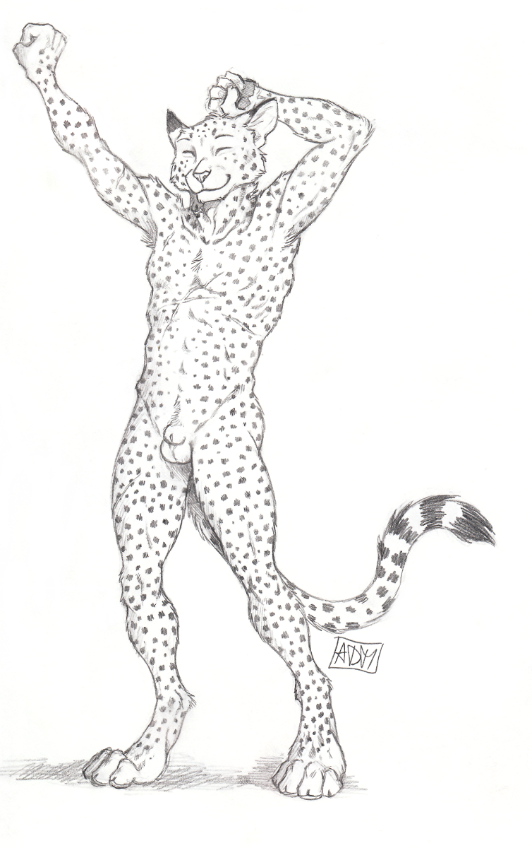 0laffson animal_genitalia anthro armpit_hair athletic ball_tuft balls cheetah crotch_tuft digitigrade dipstick_ears dipstick_tail enorach_(0laffson) eyes_closed feline fully_sheathed fur male mammal multicolored_tail nude pawpads scar sheath signature simple_background solo spots spotted_fur standing stretching traditional_media_(artwork) white_background