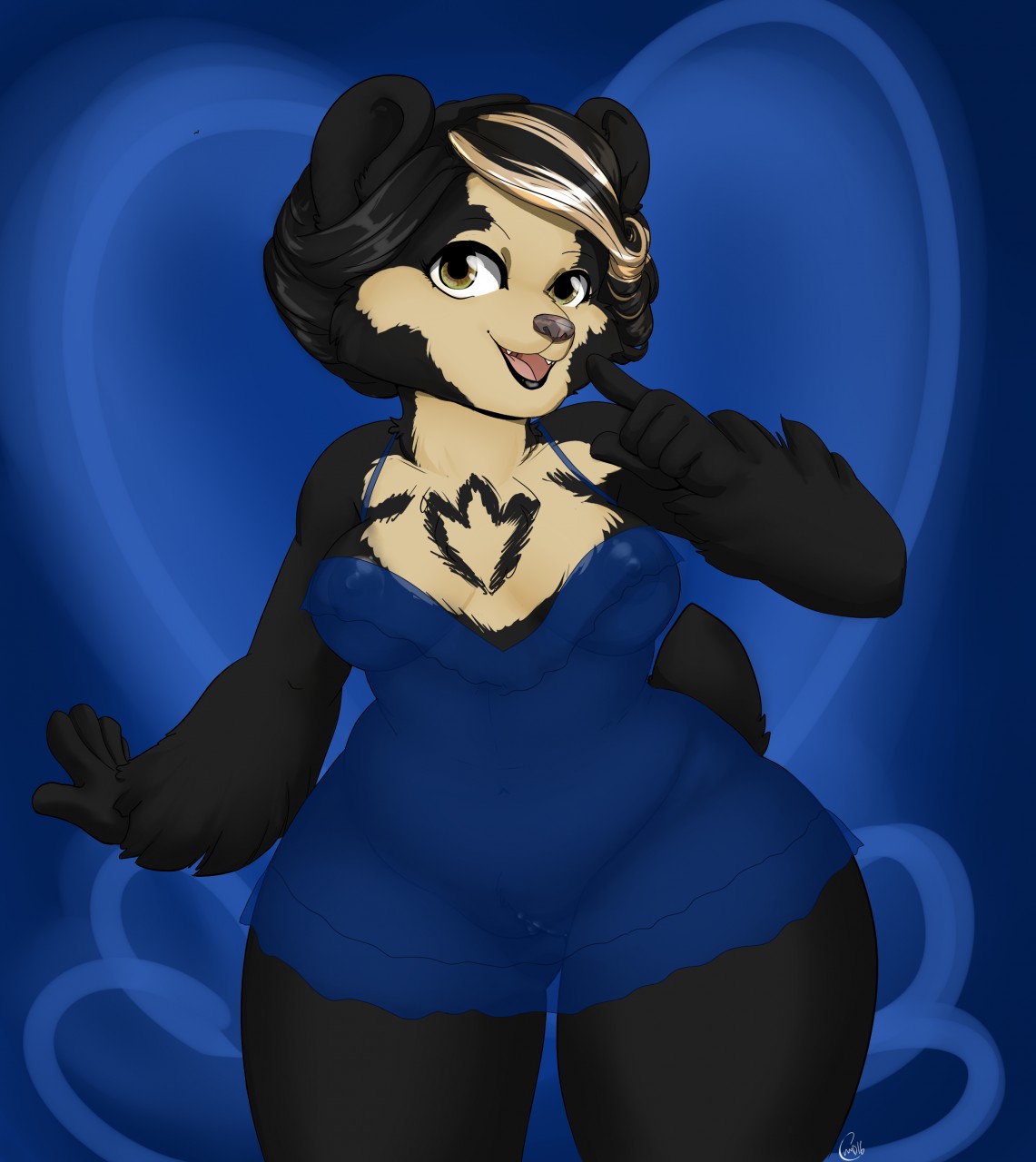 2016 5_fingers anthro arm_tuft bear belly big_breasts biped black_fur black_hair black_lips black_markings black_tail blonde_hair blue_background blue_clothing blue_theme breasts brown_nose butt_from_front chemise chest_markings clitoris clothing digital_drawing_(artwork) digital_media_(artwork) edith_(halostar) facial_markings fangs female front_view fur hair half-length_portrait hand_on_face humanoid_hands looking_at_viewer love_handles mammal markings multicolored_fur multicolored_hair navel nipples open_mouth open_smile pink_tongue pinup pointing portrait pose pussy rileyserenity sheer_clothing short_hair short_tail simple_background slightly_chubby small_waist smile snout solo spectacled_bear standing tan_fur tan_markings thick_thighs tongue translucent transparent_clothing two_tone_fur two_tone_hair voluptuous wide_hips yellow_eyes