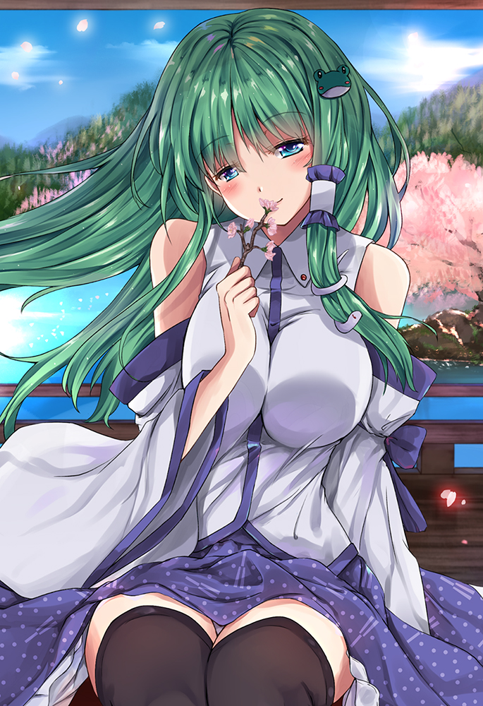 aqua_eyes bangs bare_shoulders black_legwear blue_skirt blue_sky blush branch breast_squeeze breasts cherry_blossoms commentary_request cowboy_shot day detached_sleeves eyebrows_visible_through_hair forest frog_hair_ornament fule green_hair hair_ornament hair_tubes head_tilt holding_branch kochiya_sanae large_breasts long_hair long_sleeves looking_at_viewer nature panties pantyshot pantyshot_(sitting) petals petticoat railing shirt sidelocks sitting skirt sky smile snake_hair_ornament solo thighhighs thighs touhou tree underwear white_shirt wide_sleeves zettai_ryouiki
