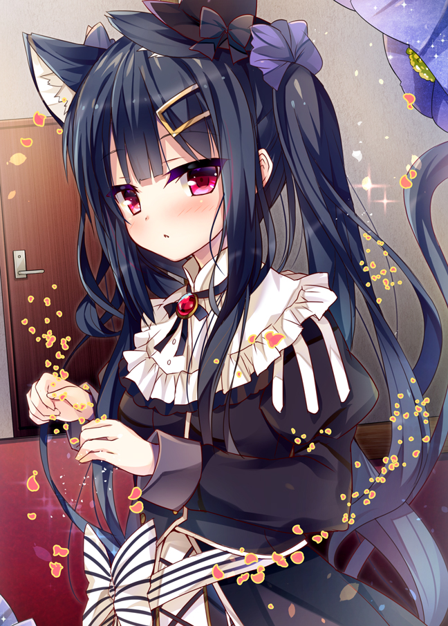 animal_ears bad_id bad_pixiv_id black_dress black_hair black_hat bow brooch cat_ears cat_tail cowboy_shot door dress expressionless flower_knight_girl frills gothic_lolita hair_ornament hairclip hat huei_nazuki jewelry lolita_fashion long_hair looking_at_viewer mini_hat mini_top_hat red_eyes solo striped striped_bow tail top_hat torikabuto_(flower_knight_girl) twintails