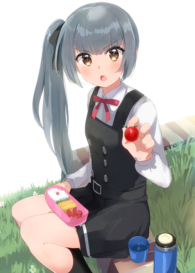 bangs belt black_legwear black_ribbon blush buttons commentary_request dress eyebrows_visible_through_hair feeding flower food fruit grass grey_hair hair_between_eyes kantai_collection kasumi_(kantai_collection) kneehighs long_hair looking_at_viewer neck_ribbon obentou omelet onbin_ha open_mouth outdoors pinafore_dress red_ribbon remodel_(kantai_collection) ribbon rice school_uniform shirt side_ponytail sleeveless sleeveless_dress solo tamagoyaki thermos thighs water white_background white_shirt yellow_eyes