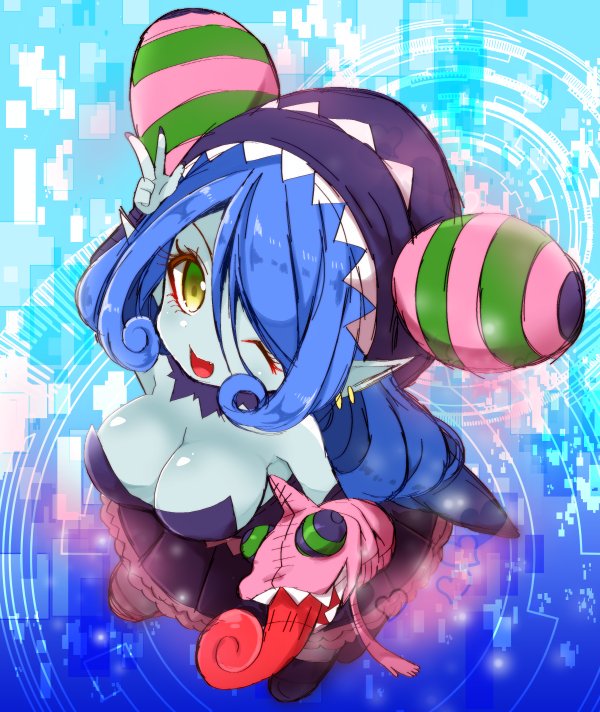 1girl appmon artist_request bandai blue_hair breasts cleavage demon_girl digimon digimon_universe:_appli_monsters female happy large_breasts long_hair looking_at_viewer mienumon monster_girl pointy_ears salute shiny shiny_skin smile solo succubus v wink yellow_eyes