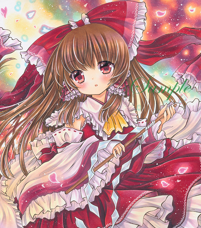 1girl :o ascot blush bow brown_hair commentary cowboy_shot detached_sleeves embellished_costume frilled_bow frilled_shirt_collar frilled_sleeves frills gohei hair_bow hair_tubes hakurei_reimu holding light_particles long_hair long_sleeves looking_at_viewer marker_(medium) nontraditional_miko parted_lips petals petticoat red_bow red_eyes red_skirt rui_(sugar3) sample skirt skirt_set solo touhou traditional_media wide_sleeves yellow_neckwear
