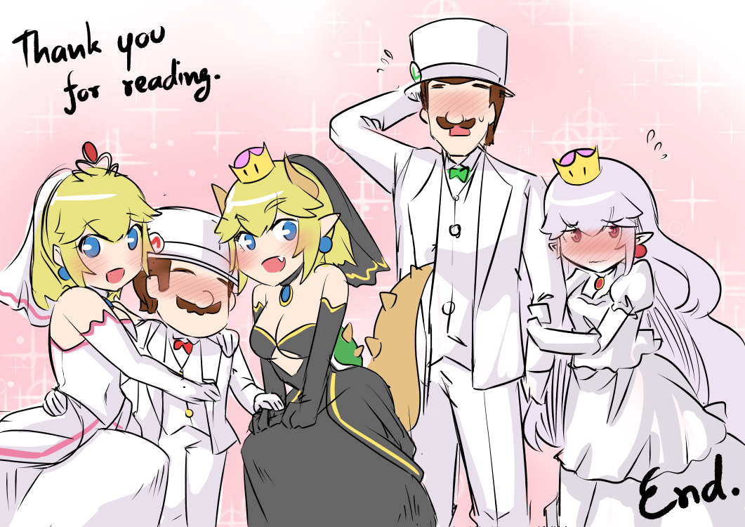 3girls alternate_costume arm_hug bare_shoulders black_dress blonde_hair blue_earrings blush bouquet bowsette bridal_veil cleavage_cutout comic crown crying crying_with_eyes_open dress english fang flower flying_sweatdrops formal full-face_blush good_end height_difference horns husband_and_wife husband_and_wife_and_wife lavender_hair long_hair looking_at_viewer looking_back luigi luigi's_mansion mario mario_(series) multiple_boys multiple_girls new_super_mario_bros._u_deluxe nose_blush polygamy ponytail princess_king_boo princess_peach red_earrings sesield short_hair shy strapless strapless_dress streaming_tears suit super_crown tears veil very_long_hair wedding_dress white_dress white_suit