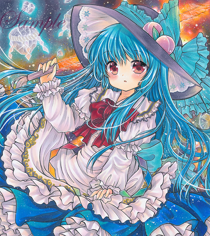 1girl black_hat blouse blue_bow blue_hair blue_skirt blush bow bowtie commentary cowboy_shot food frilled_bow frilled_shirt_collar frilled_sleeves frills fruit hand_up hat hat_bow hinanawi_tenshi holding holding_sword holding_weapon keystone long_hair long_sleeves looking_at_viewer marker_(medium) parted_lips peach petticoat puffy_sleeves red_bow red_eyes red_neckwear rui_(sugar3) sample skirt solo sword sword_of_hisou touhou traditional_media very_long_hair weapon white_blouse