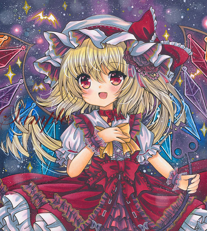 1girl :d adapted_costume bat beads blonde_hair blush bow bowtie choker commentary cowboy_shot cross-laced_clothes crystal dress fang flandre_scarlet flower frilled_bow frilled_dress frilled_sleeves frills hair_between_eyes hair_flower hair_ornament hat hat_bow holding laevatein light_particles lolita_fashion long_hair looking_at_viewer marker_(medium) mob_cap one_side_up open_mouth petticoat pinafore_dress puffy_short_sleeves puffy_sleeves purple_flower purple_rose red_bow red_dress red_eyes ribbon_choker rose rui_(sugar3) sample shirt short_sleeves smile solo sparkle touhou traditional_media white_shirt wings wrist_cuffs yellow_bow yellow_neckwear