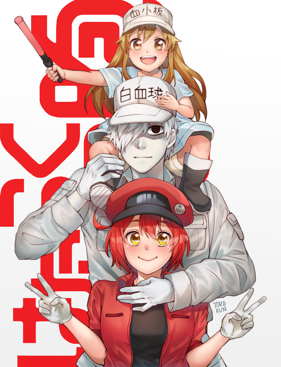 2girls ae-3803 ahoge artist_name baseball_cap baton black_eyes black_shirt blue_shirt boots breasts brown_eyes brown_hair cabbie_hat collared_shirt copyright_name double_v gloves hair_over_one_eye hat hataraku_saibou highres jacket long_hair long_sleeves medium_breasts multiple_girls no_pupils platelet_(hataraku_saibou) red_blood_cell_(hataraku_saibou) red_hair red_hat red_jacket shirt short_hair short_sleeves shorts simple_background sitting sitting_on_person smile torakun14 u-1146 upper_body v white_background white_blood_cell_(hataraku_saibou) white_gloves white_hair white_hat white_shirt yellow_eyes