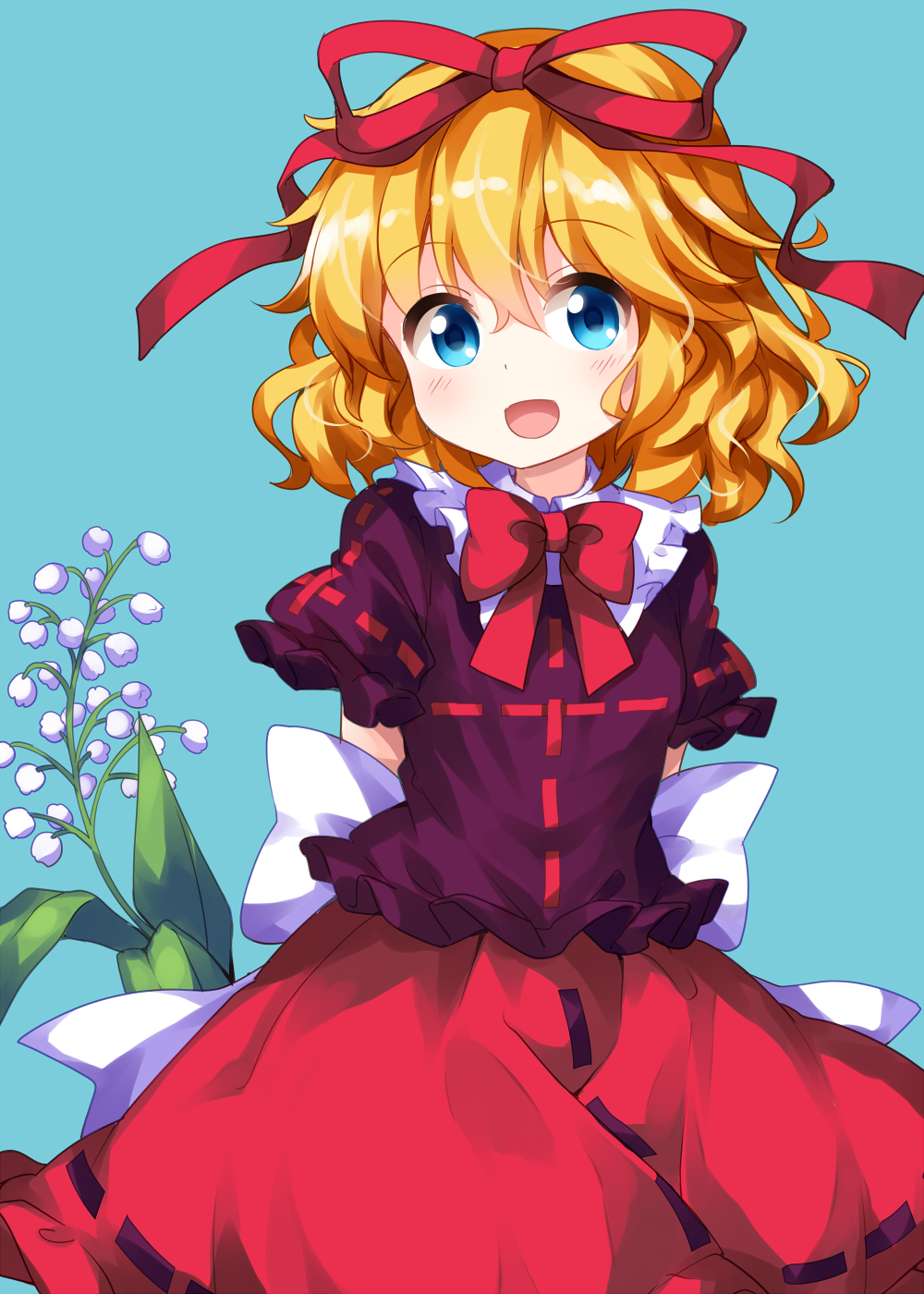 :d arms_behind_back blonde_hair blue_background blue_eyes bow bowtie eyebrows_visible_through_hair flower frills hair_between_eyes hair_ribbon highres lily_of_the_valley looking_at_viewer medicine_melancholy medium_hair open_mouth puffy_short_sleeves puffy_sleeves purple_shirt red_bow red_ribbon red_skirt ribbon ruu_(tksymkw) shirt short_sleeves simple_background skirt smile solo touhou