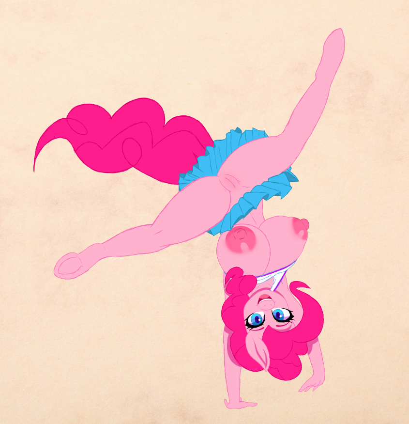 anthro anthrofied big_breasts blue_eyes breasts cartwheel clothing cocaine-leopard commando equine female friendship_is_magic hair happy horse looking_at_viewer mammal my_little_pony no_underwear pink_hair pinkie_pie_(mlp) pony pussy skirt smile solo upside_down upskirt wardrobe_malfunction