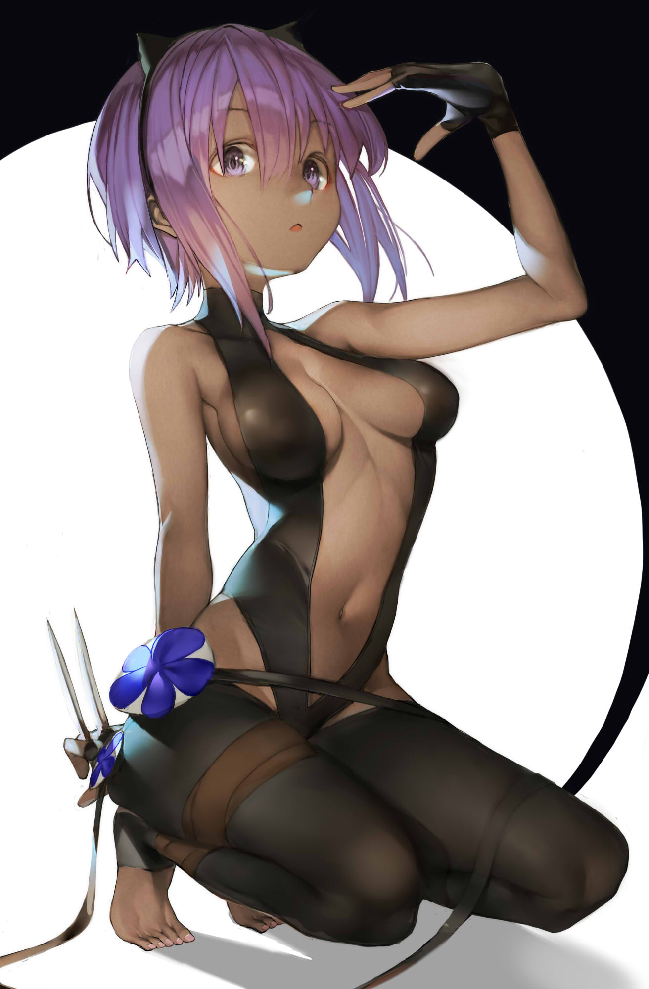 ankle_wrap arm_behind_back arm_up bangs bare_arms barefoot black_background black_gloves black_legwear black_leotard bodysuit breasts breasts_apart center_opening dagger dark_skin eyebrows_visible_through_hair fate/grand_order fate/prototype fate/prototype:_fragments_of_blue_and_silver fate_(series) fingerless_gloves flower full_body gloves groin hair_between_eyes hairband hand_up hassan_of_serenity_(fate) highres holding holding_weapon impossible_clothes knife leggings leotard looking_at_viewer medium_breasts navel nyatabe open_mouth parted_lips purple_eyes purple_hair revealing_clothes short_hair sidelocks skin_tight solo squatting stomach throwing_knife toeless_legwear toenails two-tone_background weapon
