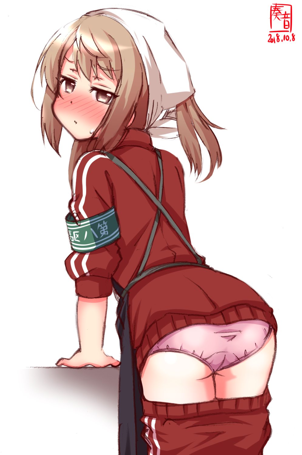alternate_costume apron armband artist_logo ass black_apron blush closed_mouth commentary_request dated double_bun embarrassed head_scarf highres jacket kanon_(kurogane_knights) kantai_collection light_brown_hair long_sleeves looking_at_viewer looking_back michishio_(kantai_collection) panties pants pants_down pink_panties red_jacket short_twintails signature simple_background solo sweatdrop track_jacket track_pants twintails underwear white_background yellow_eyes