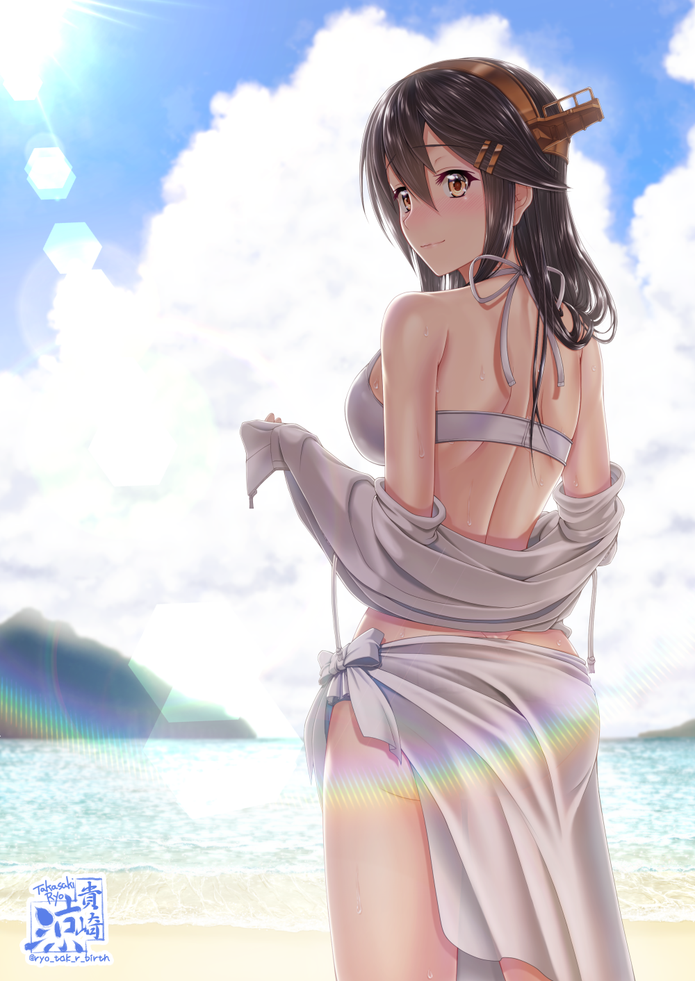 alternate_costume artist_logo ass back bangs bare_shoulders beach bikini black_hair blue_sky blush breasts closed_mouth cloud commentary_request day from_behind hair_ornament hairband hairclip haruna_(kantai_collection) headgear highres jacket kantai_collection large_breasts long_hair looking_at_viewer looking_back ocean off_shoulder outdoors remodel_(kantai_collection) sarong shoulder_blades sidelocks signature sky smile solo sunlight swimsuit takasaki_ryou wet white_bikini white_sarong