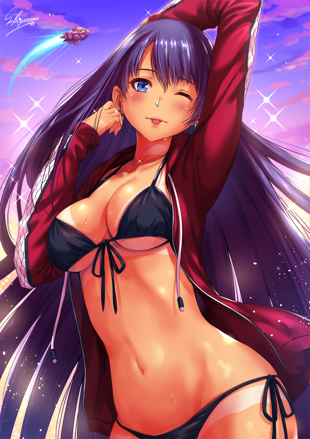 ;p arm_up bangs bikini bikini_tan black_bikini blue_eyes blue_sky blush breasts choker cleavage cloud collarbone commentary_request cowboy_shot cross earrings evening fate/grand_order fate_(series) front-tie_bikini front-tie_top groin hand_in_hair hand_on_own_head head_tilt highres hips jacket jewelry large_breasts light_particles long_hair looking_at_viewer navel one_eye_closed open_clothes open_jacket purple_hair red_jacket saint_martha saint_martha_(swimsuit_ruler)_(fate) sakiyamama side-tie_bikini sidelocks signature sky smile solo sparkle stomach swimsuit tan tanline toned tongue tongue_out water waves
