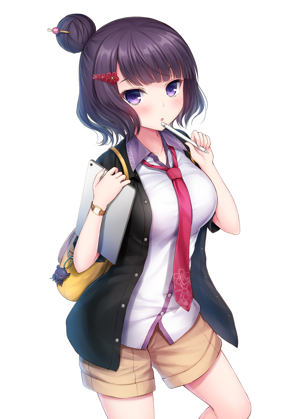 :o bangs black_jacket blush brown_shorts casual collared_shirt commentary_request dress_shirt eyebrows_visible_through_hair fate/grand_order fate_(series) hair_bun hair_ornament highres holding holding_pencil jacket katsushika_hokusai_(fate/grand_order) looking_at_viewer mechanical_pencil necktie open_clothes open_jacket parted_lips pencil purple_eyes purple_hair red_neckwear shirt short_hair short_shorts short_sleeves shorts simple_background solo tablet tablet_pc taiki_ken white_background white_shirt
