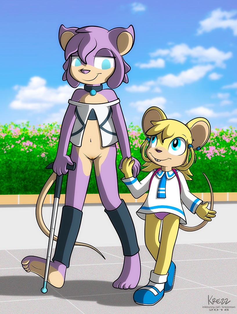 2018 4_toes age_difference anthro bella_mouse blind blonde_hair bottomless breasts buckteeth child clitoris clothed clothing cub daughter female flat_chested fur hair hand_holding krezz_karavan mammal miley_mouse mother mother_and_daughter mouse navel no_underwear panties panty_shot parent partially_clothed purple_hair purple_nose pussy rodent small_breasts teeth toes underwear upskirt white_cane young