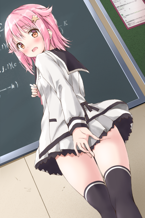 blush chalkboard commentary_request covering covering_ass embarrassed from_below hair_ornament hairclip houkago_no_pleiades kinohara_hikaru looking_at_viewer looking_back pink_hair school_uniform short_hair star star_hair_ornament subaru_(houkago_no_pleiades) thighhighs wavy_mouth writing