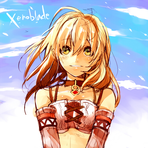 blonde_hair choker detached_sleeves fiorun gan_(shanimuni) green_eyes long_hair lowres sky smile solo v_arms xenoblade_(series) xenoblade_1