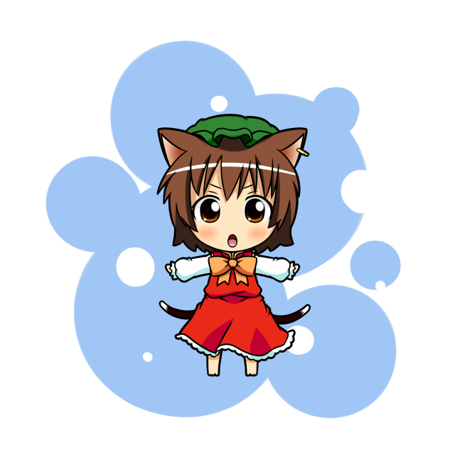 animal_ears brown_eyes brown_hair cat_ears cat_tail chen chibi dora_ita earrings hat jewelry multiple_tails short_hair solo tail touhou