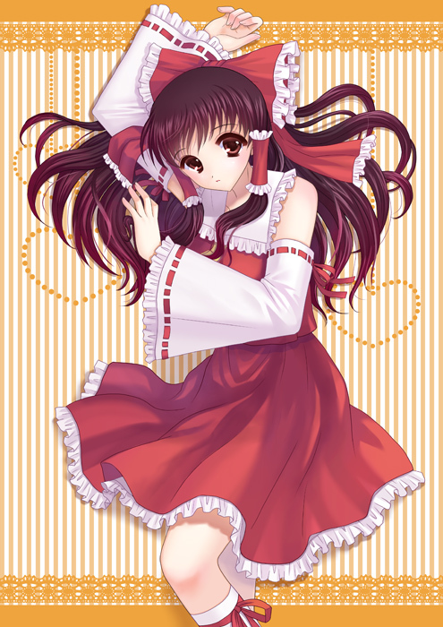 alha arm_up bare_shoulders bow brown_hair detached_sleeves hair_bow hakurei_reimu hands long_hair looking_at_viewer md5_mismatch red_eyes solo striped striped_background touhou