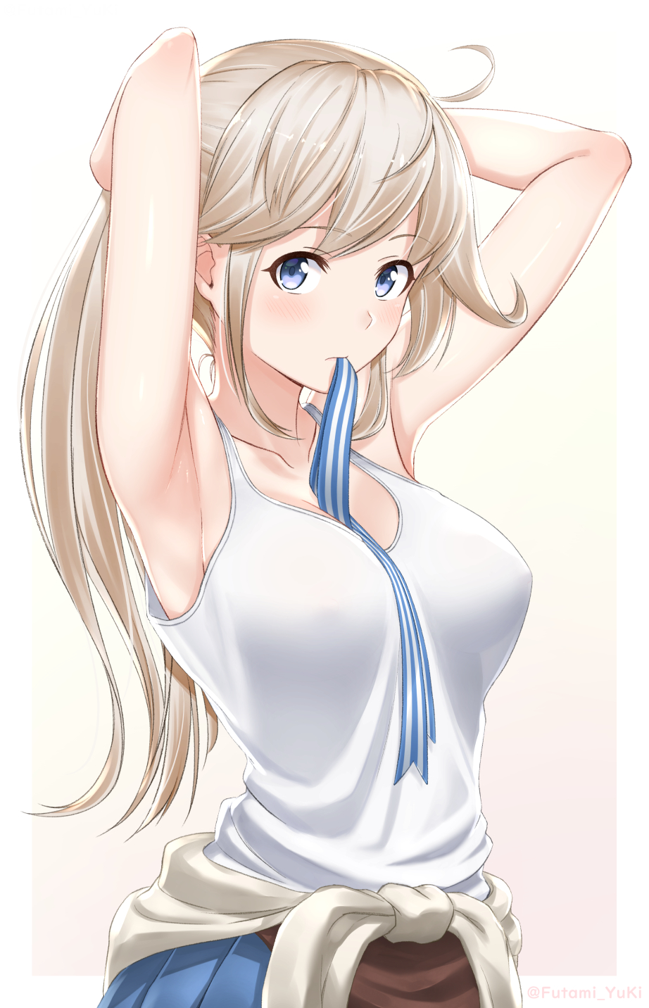armpits arms_behind_head bangs bare_arms bare_shoulders blonde_hair blue_eyes blue_skirt blush breasts cleavage collarbone commentary_request cucouroux_(granblue_fantasy) eyebrows_visible_through_hair from_side futami_(mg42fw190d) granblue_fantasy hair_between_eyes hair_tie hat highres long_hair looking_at_viewer medium_breasts miniskirt mouth_hold pleated_skirt ribbon shirt skirt solo tank_top tying_hair upper_body white_shirt