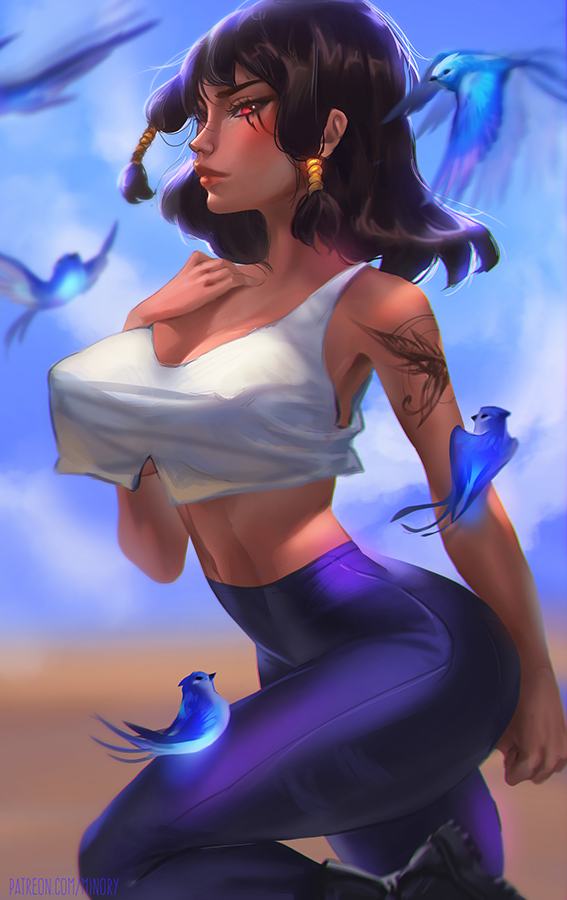 bird bird_on_arm bird_on_leg black_hair bluebird blush boots breasts cleavage commentary covered_nipples crop_top crop_top_overhang english_commentary facial_tattoo hair_tubes high-waist_pants large_breasts lips looking_at_viewer medium_hair midriff minory navel no_bra nose overwatch pants pharah_(overwatch) purple_legwear red_eyes seamed_legwear shoulder_tattoo skin_tight solo stomach tattoo toned underboob walking yoga_pants