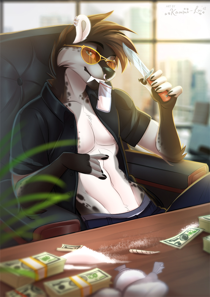 2018 5_fingers anthro black_nose blue_eyes brown_hair canine detailed_background drugs ear_piercing eyewear glasses hair kammi-lu knife looking_at_viewer male mammal money navel piercing smile solo