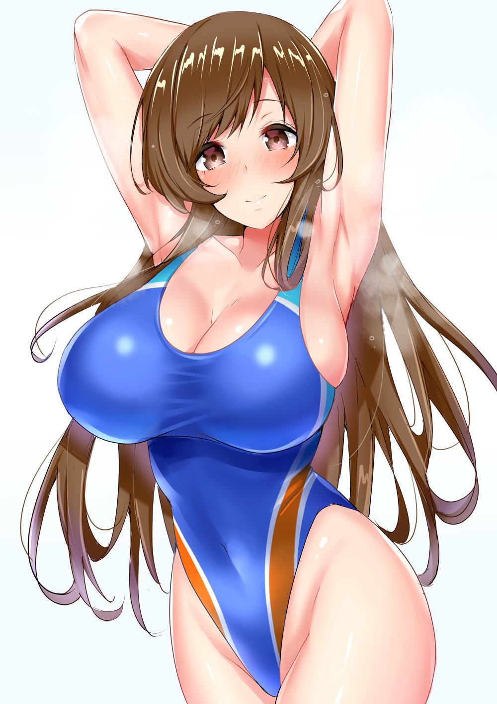 armpits arms_behind_head arms_up bangs bare_shoulders blue_swimsuit blush breasts brown_eyes brown_hair cleavage closed_mouth collarbone commentary_request covered_navel heavy_breathing highleg highleg_swimsuit highres hips idolmaster idolmaster_cinderella_girls idolmaster_cinderella_girls_starlight_stage large_breasts long_hair looking_at_viewer nitta_minami one-piece_swimsuit sankakusui shiny shiny_hair simple_background smile solo swept_bangs swimsuit thighs white_background