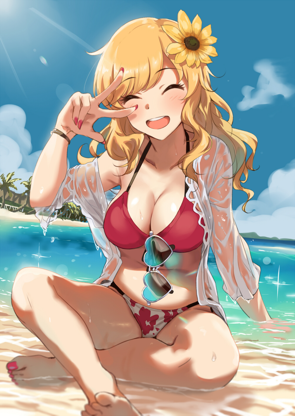:d ^_^ bangs bare_shoulders barefoot beach bikini blonde_hair blush bracelet breasts cleavage closed_eyes collarbone commentary_request day feet flower hair_flower hair_ornament hand_gesture heart heart-shaped_eyewear highres idolmaster idolmaster_cinderella_girls indian_style jewelry kurokin large_breasts legs long_hair nail_polish ocean ootsuki_yui open_clothes open_mouth open_shirt red_bikini shirt sitting smile solo sunflower_hair_ornament sunglasses swept_bangs swimsuit thighs toenail_polish w wavy_hair wet wet_clothes wet_shirt