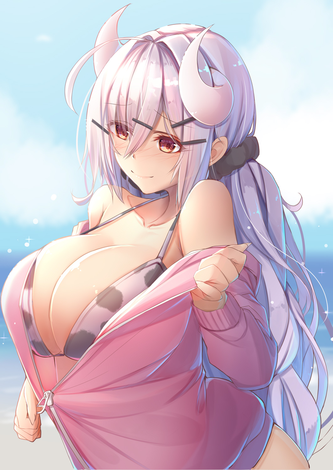 ahoge animal_print bangs beach bikini blush breasts brown_eyes cleavage collarbone cow_print day hair_ornament hair_scrunchie hairclip highres horns jacket large_breasts long_hair original scrunchie silver_hair sky solo swimsuit tatapopo unzipping zipper