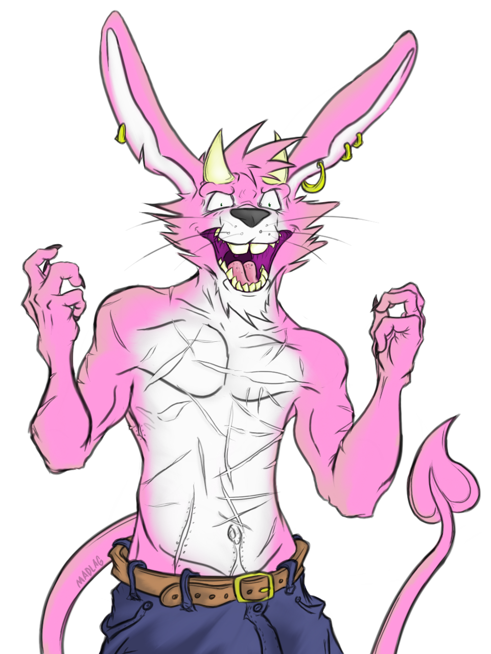 2018 3_fingers anthro athletic biceps buckteeth claws clothed clothing demon digital_drawing_(artwork) digital_media_(artwork) ear_piercing fangs fur grin hi_res horn lagomorph long_ears looking_at_viewer madlag male mammal markings muscular muscular_male navel open_mouth pecs piercing pink_fur portrait pose rabbit scar signature smile solo solo_focus spade spade_tail standing teeth tongue topless